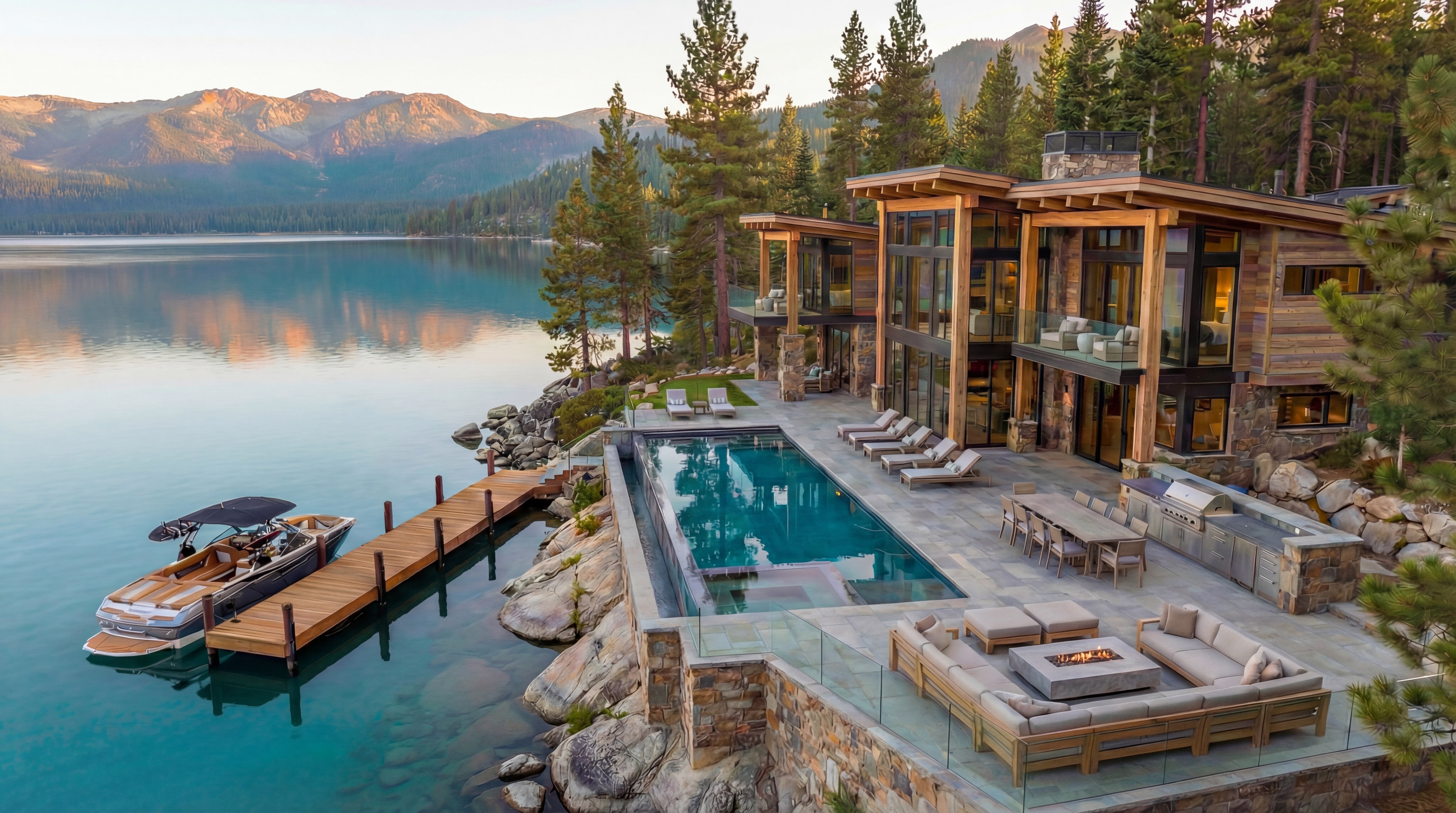 cinematic alpine lake house environment mountain lifestyle product visuals