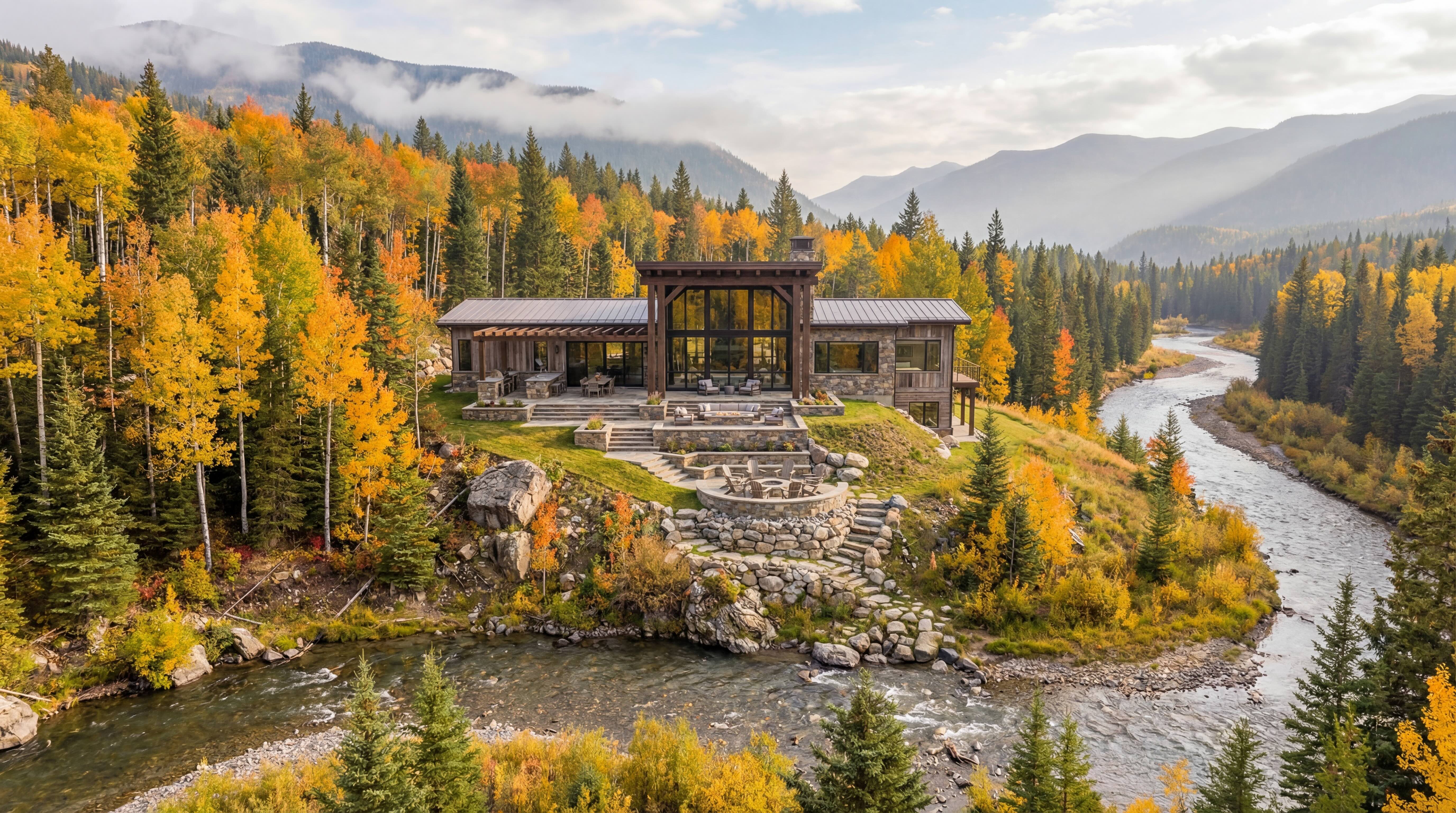 cinematic river house environment outdoor lifestyle product visuals
