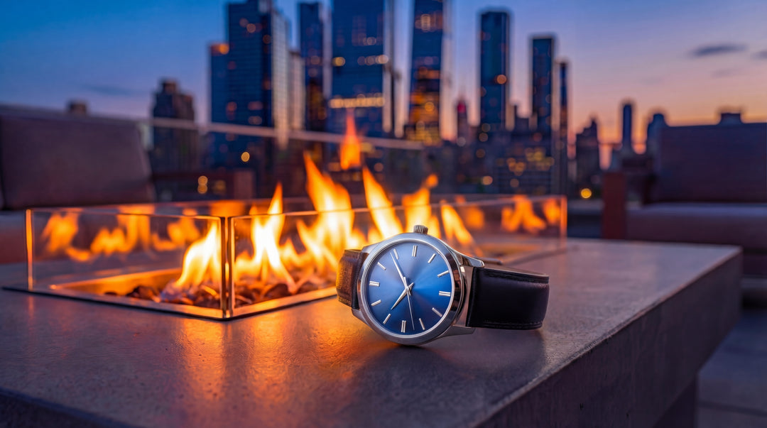 cinematic product hero image luxury watch rooftop terrace fire feature skyline lifestyle advertising visual